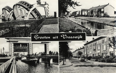 15010 Collage van gezichten te Vreeswijk:- Stuw bij Hagestein (gemeente Vianen).- Straat met nieuwbouwhuizen.- Straat ...